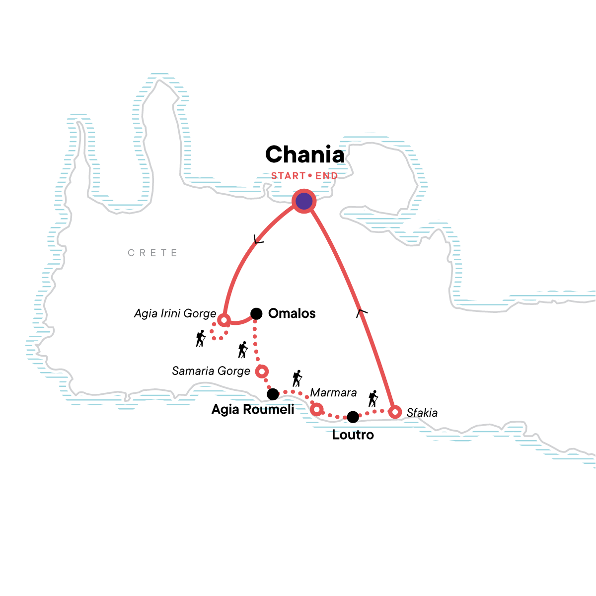 Tour Map tourhub | G Adventures | Hiking Crete: Gorges & Coastal Walks | Tour Map