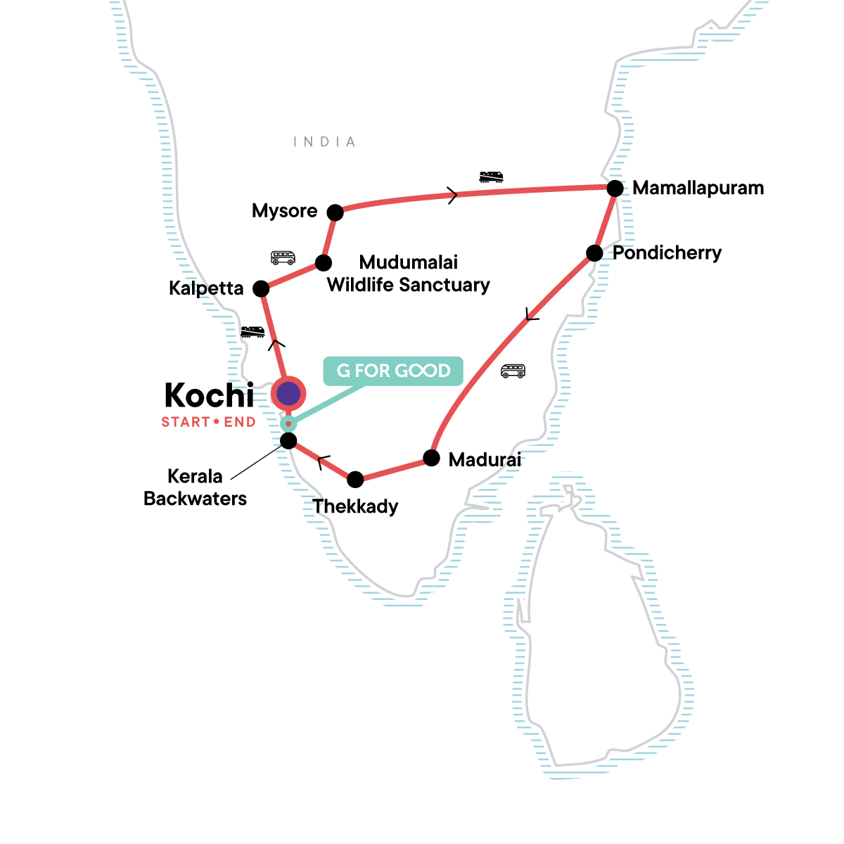 tourhub | G Adventures | Best of Southern India | Tour Map