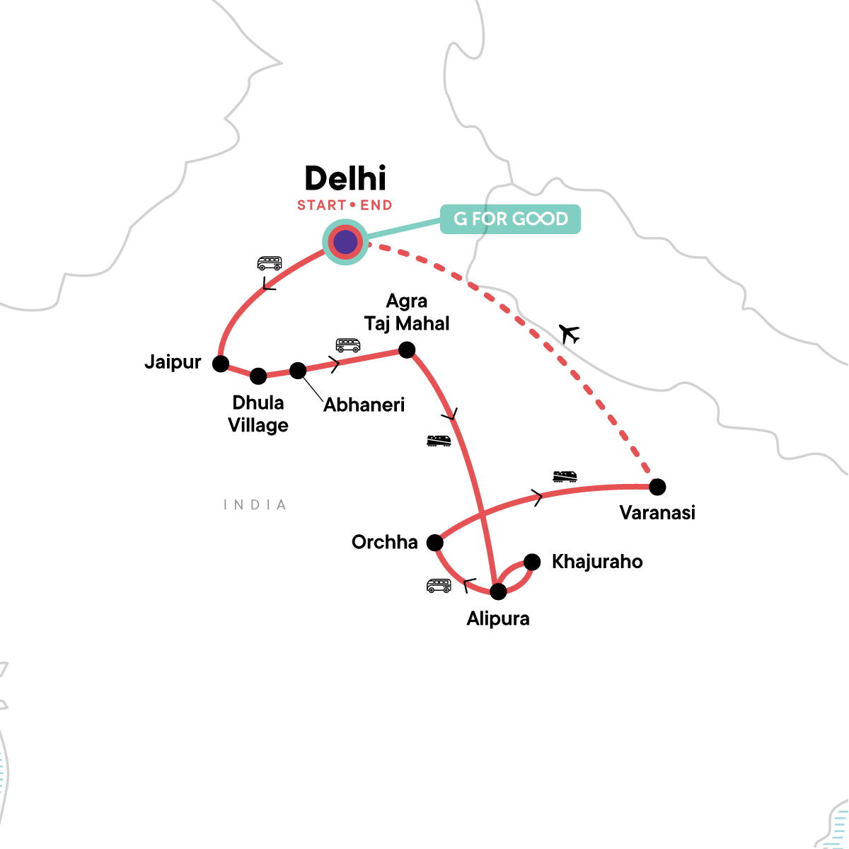 Tour Map tourhub | G Adventures | Essential India | Tour Map