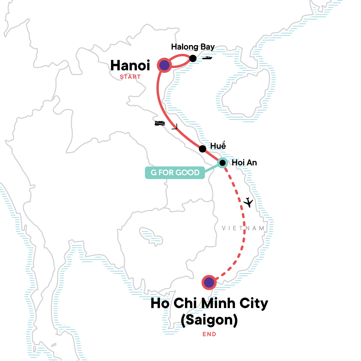 Tour Map tourhub | G Adventures | Classic Vietnam: Hanoi to Ho Chi Minh City | Tour Map