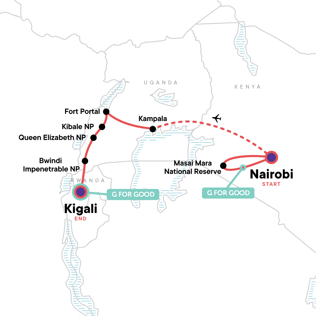 tourhub | G Adventures | Masai Mara & Gorilla Adventure | Tour Map