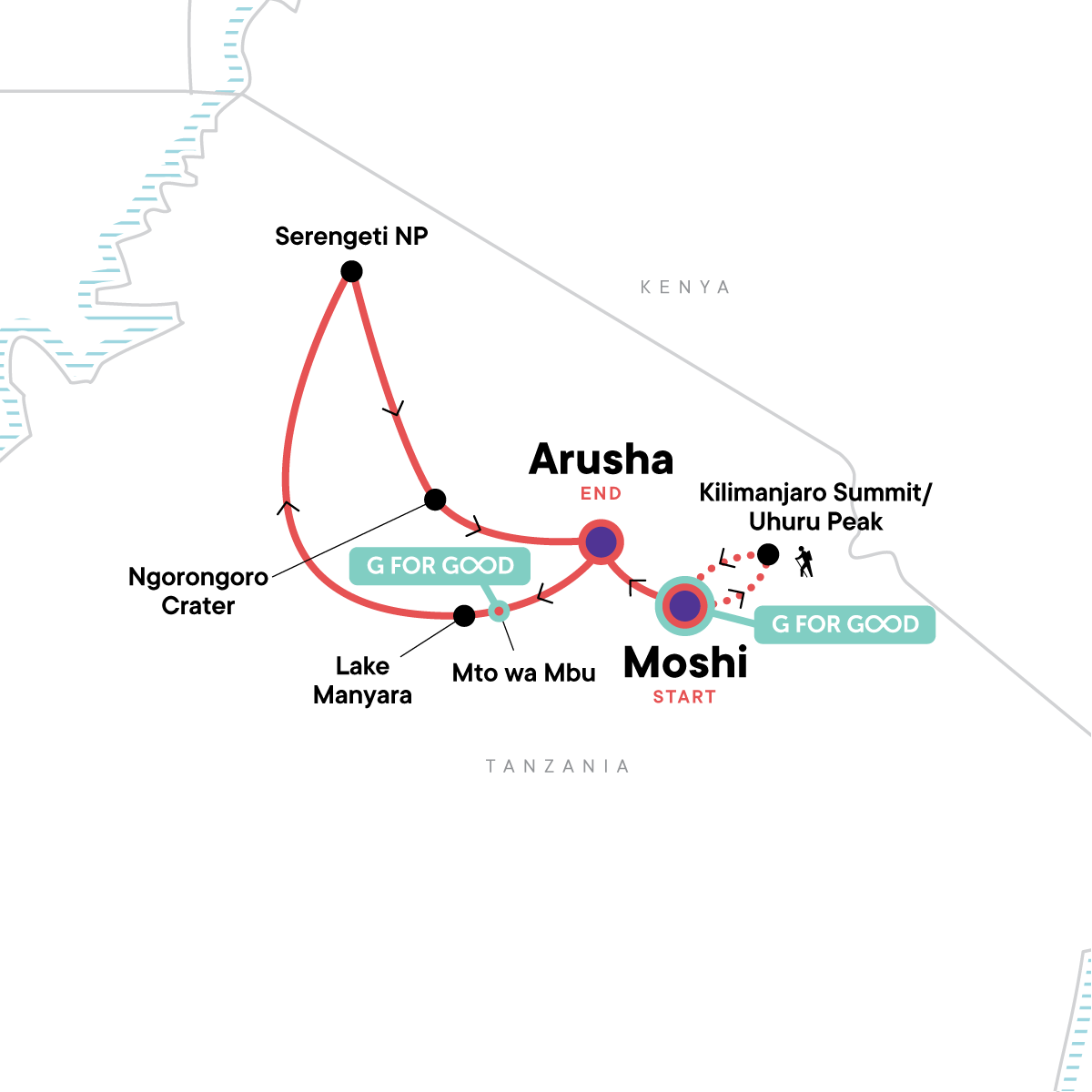 Tour Map tourhub | G Adventures | Kilimanjaro – Machame Route & Serengeti Adventure | Tour Map