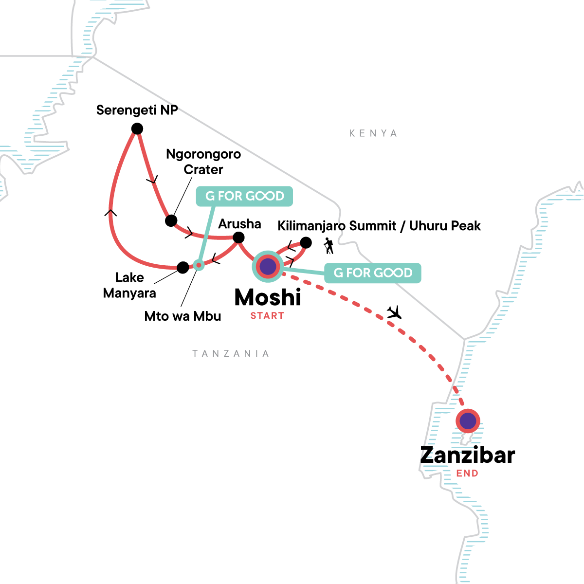Tour Map tourhub | G Adventures | Kilimanjaro, Serengeti & Zanzibar | Tour Map