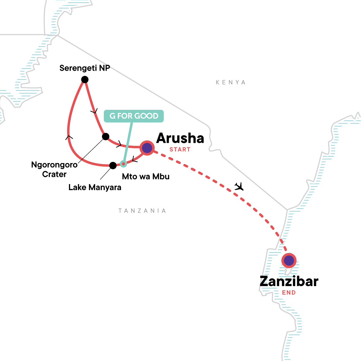 Tour Map tourhub | G Adventures | Serengeti Safari & Zanzibar | Tour Map