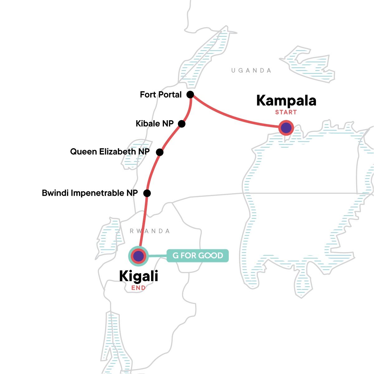 Uganda to Rwanda: Gorilla Treks & Safari Drives Itinerary Map