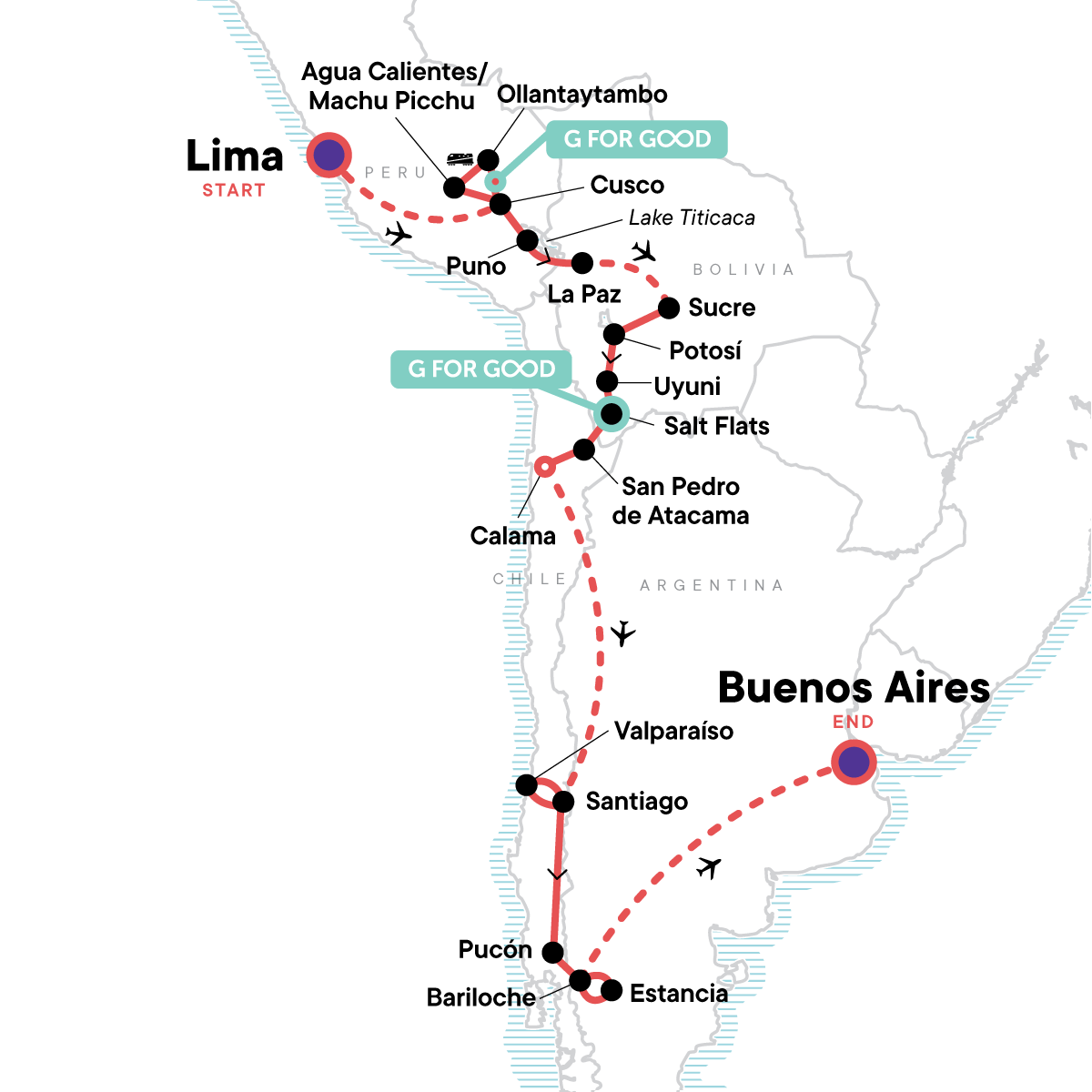 Tour Map tourhub | G Adventures | The Scenic Route - Lima to Buenos Aires | Tour Map