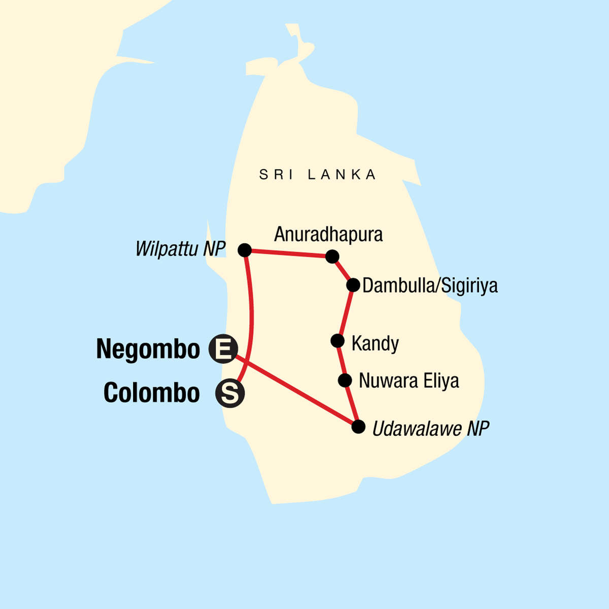 Tour Map tourhub | G Adventures | Journeys: Discover Sri Lanka | Tour Map