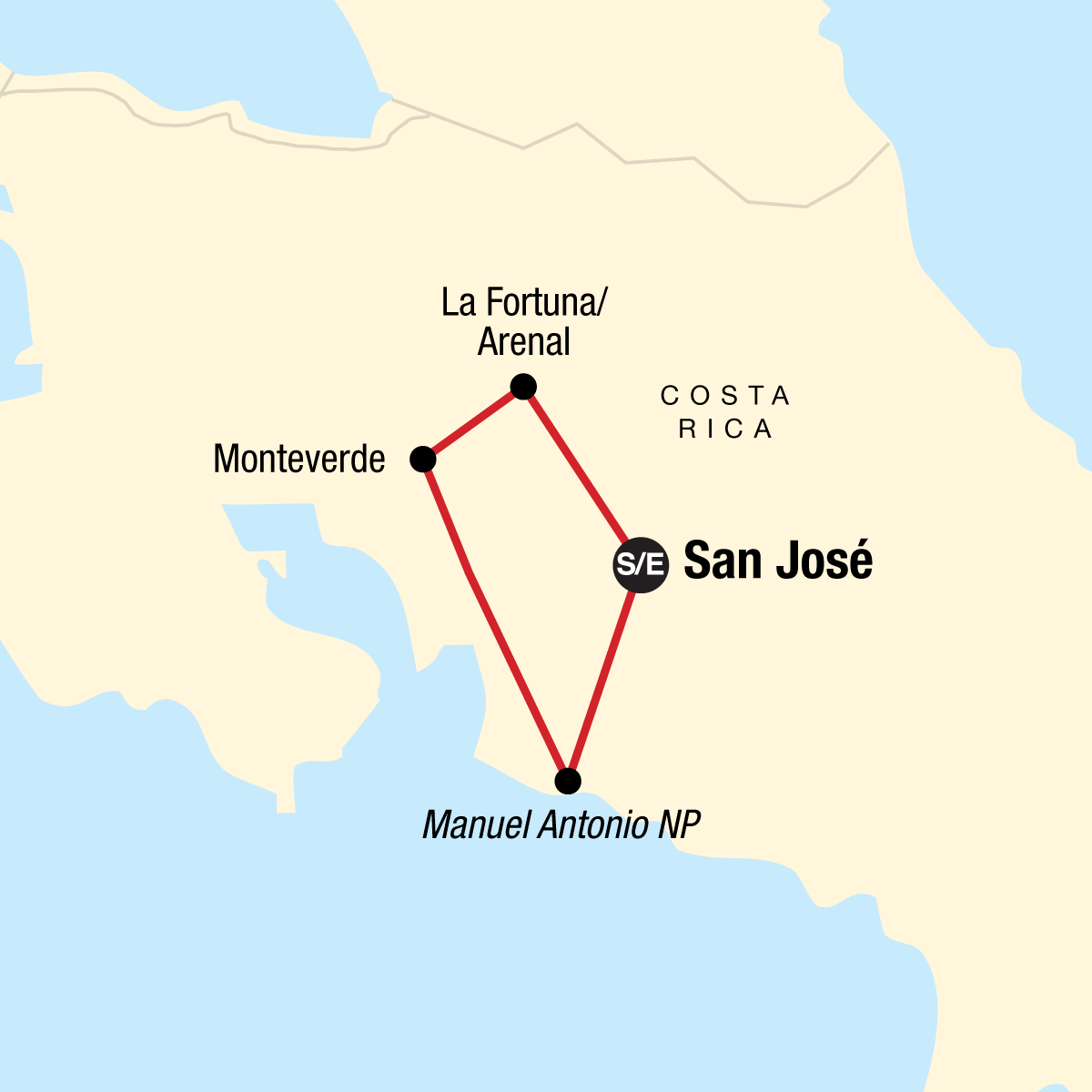 Tour Map tourhub | G Adventures | Journeys: Highlights of Costa Rica | Tour Map