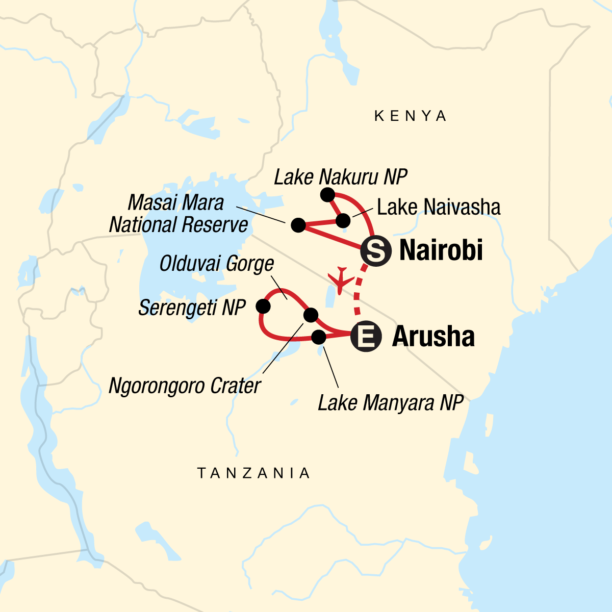 Tour Map tourhub | G Adventures | Journeys: Kenya & Tanzania Safari | Tour Map