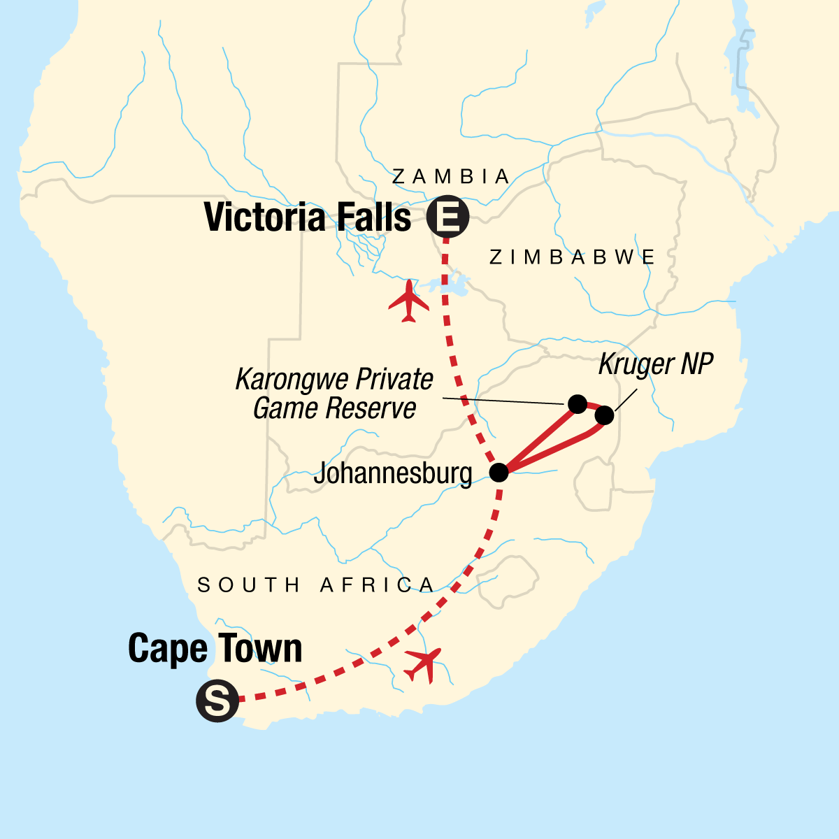 Tour Map tourhub | G Adventures | Journeys: Explore Southern Africa | Tour Map