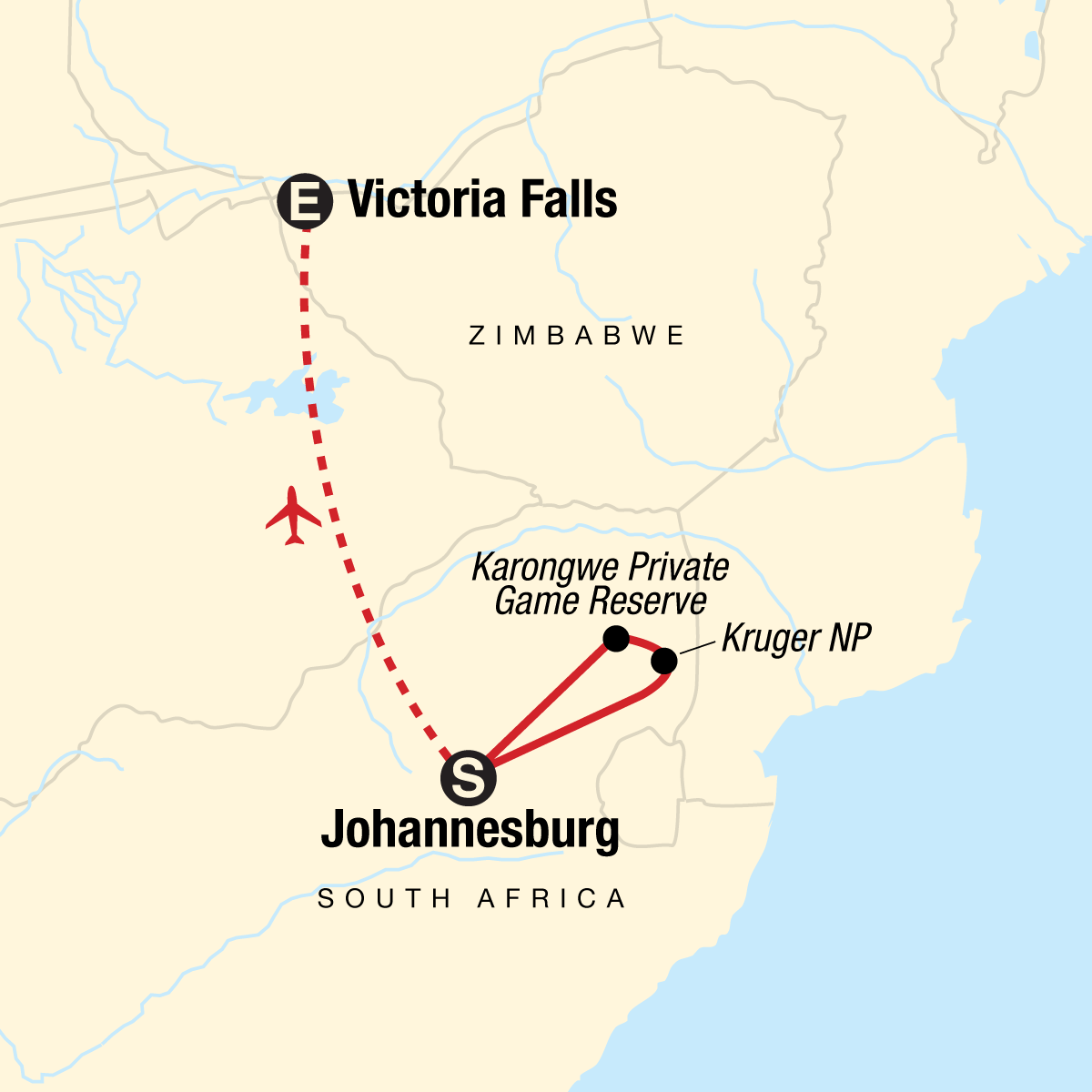 Tour Map tourhub | G Adventures | Journeys: Explore Kruger & Victoria Falls | Tour Map