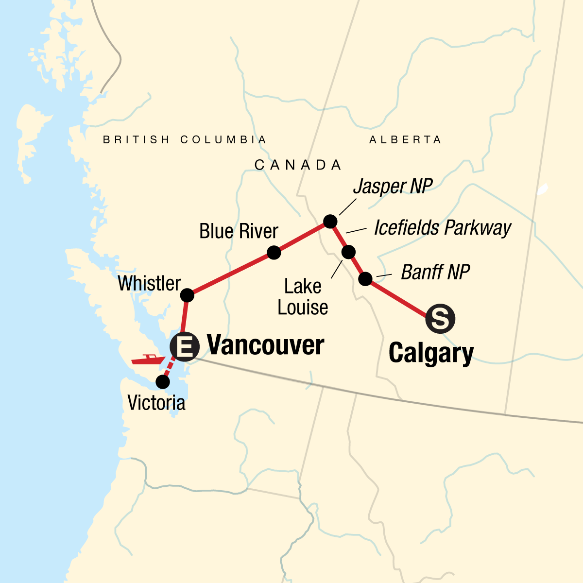 Tour Map tourhub | G Adventures | Journeys: Discover the Canadian Rockies - Westbound | Tour Map