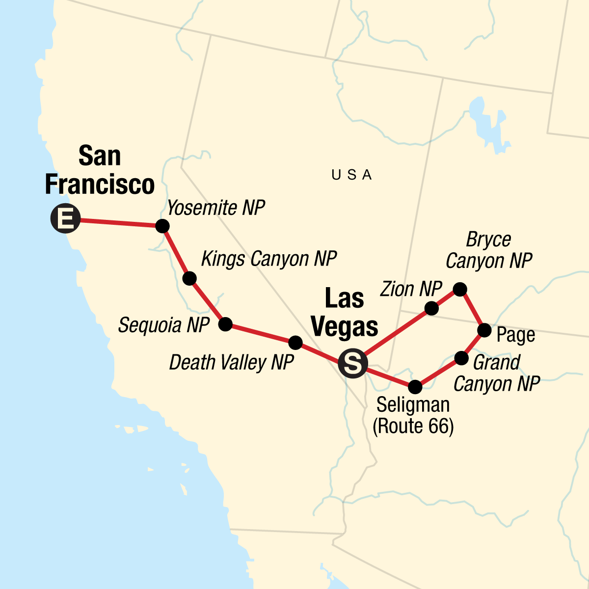 tourhub | G Adventures | National Parks of the American West | Tour Map