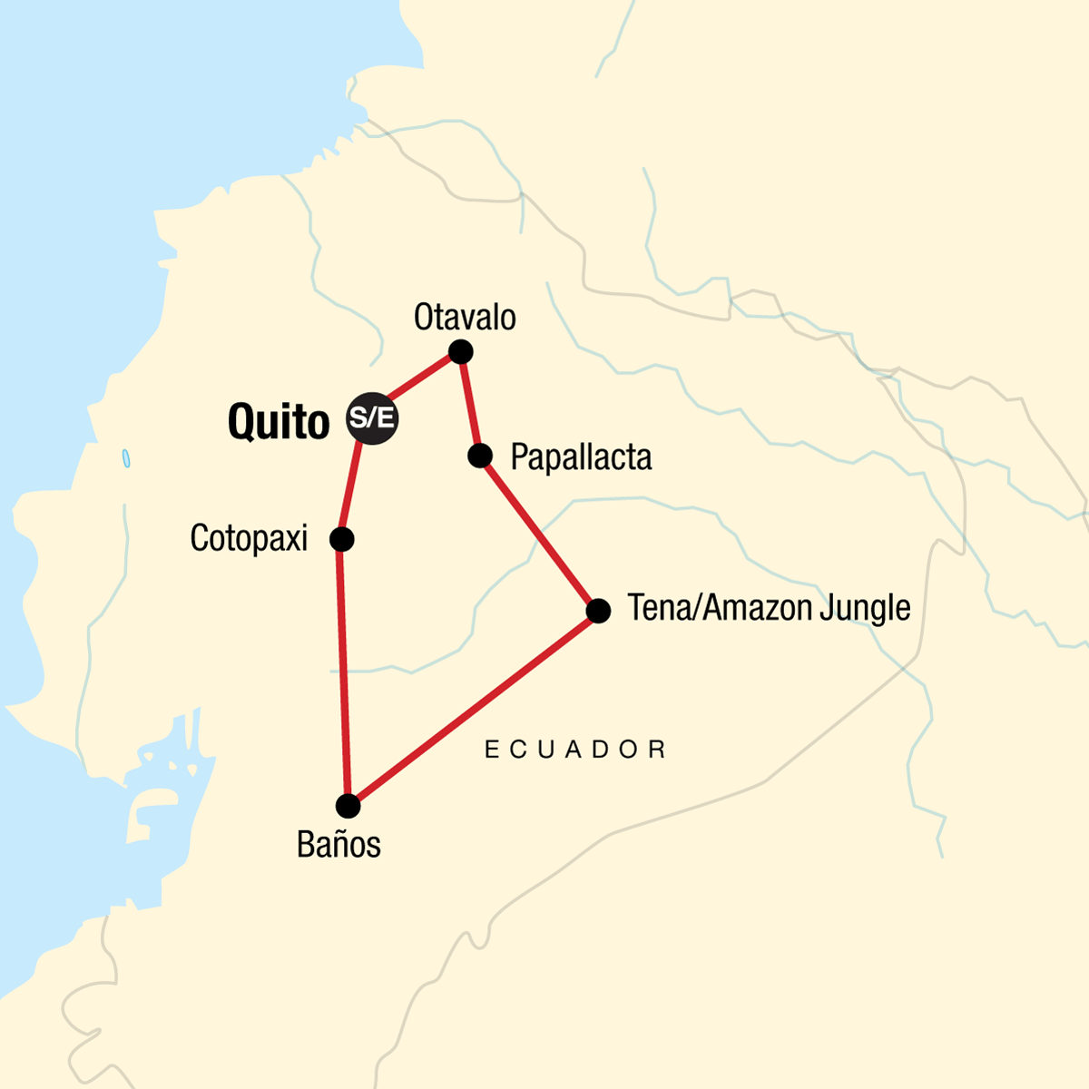 Tour Map tourhub | G Adventures | Journeys: Ecuador’s Amazon and Volcanoes | Tour Map