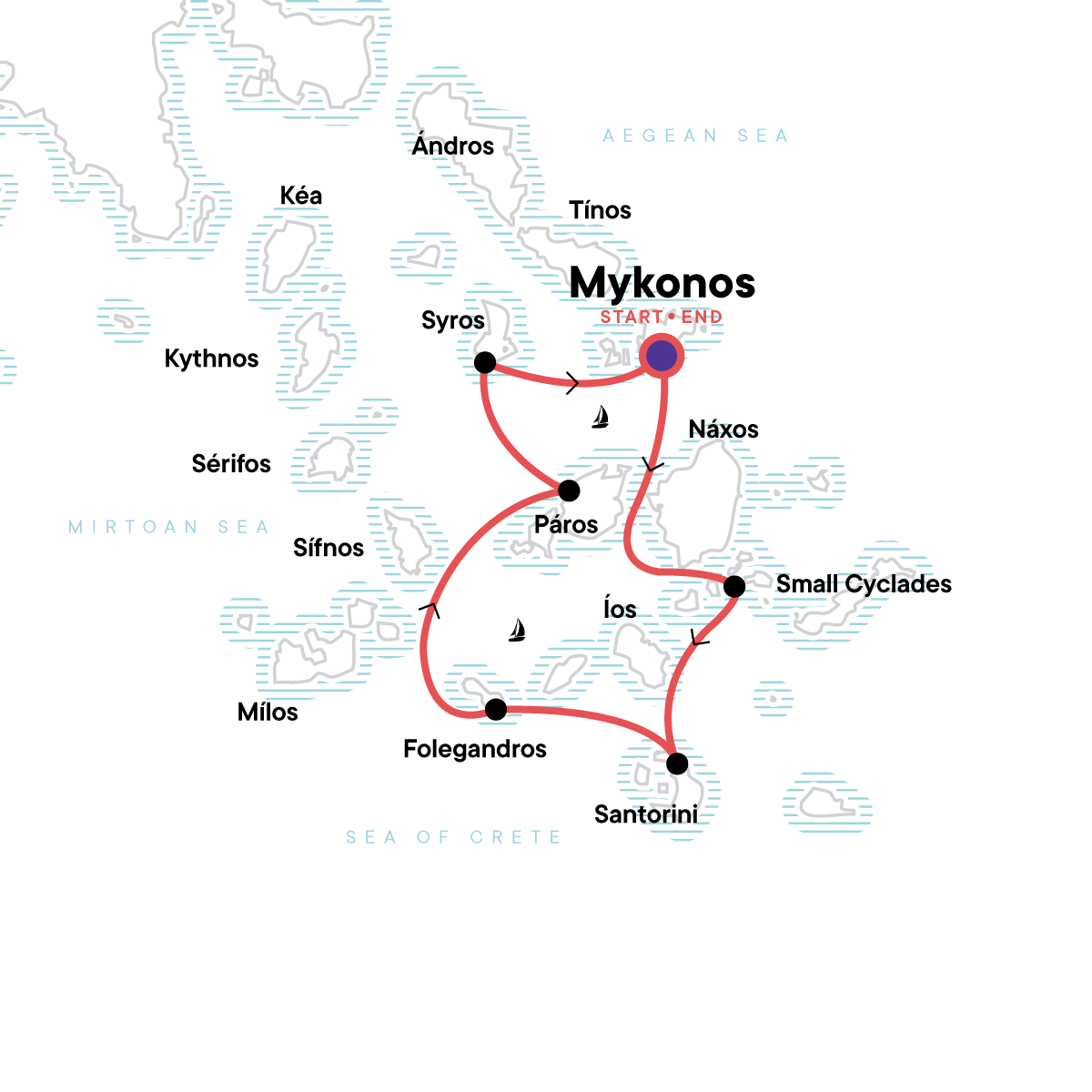 Tour Map tourhub | G Adventures | Sailing Greece - Mykonos to Mykonos | Tour Map