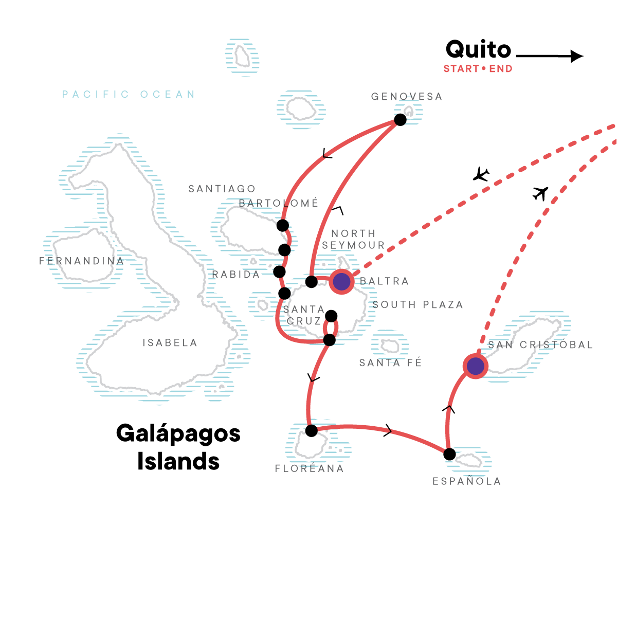 Galápagos - North, Central, & South Islands aboard the Eden Itinerary Map