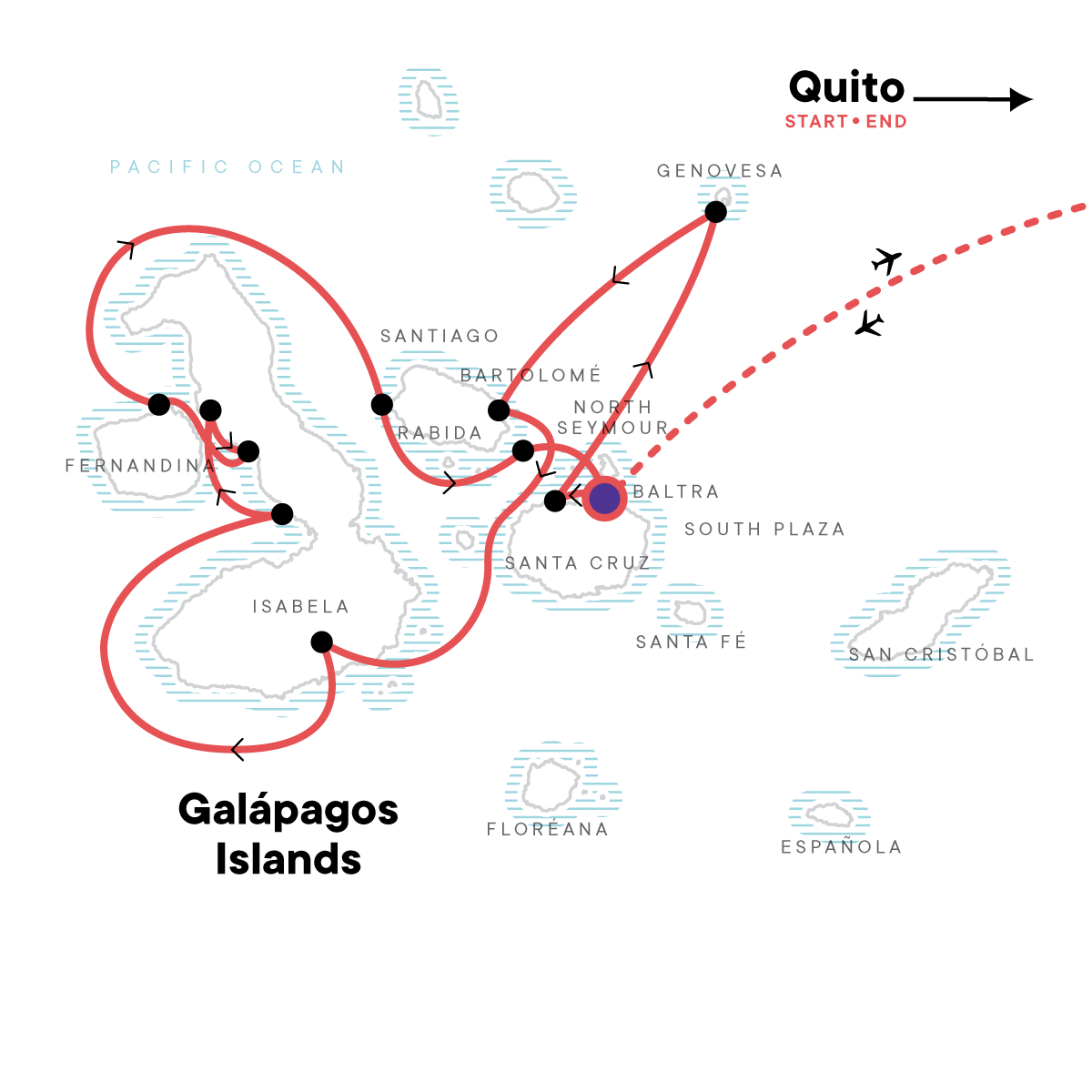 Galápagos — North, West & Central Islands aboard the Yolita Itinerary Map