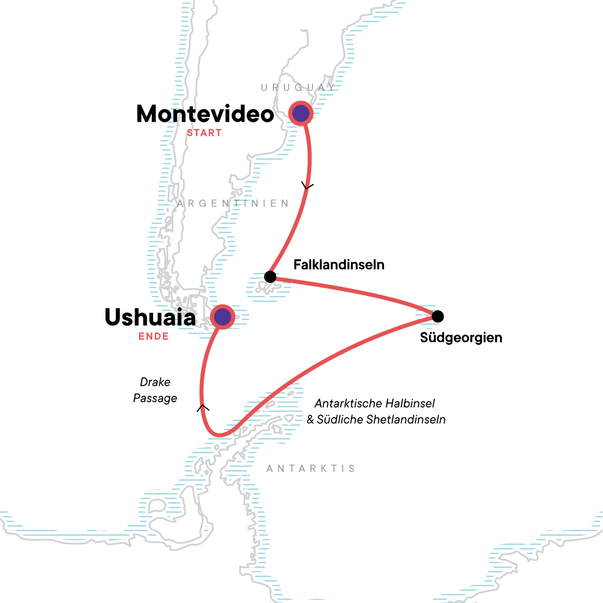 Routenkarte Antarktis, Su00fcdgeorgien & die Falklandinseln