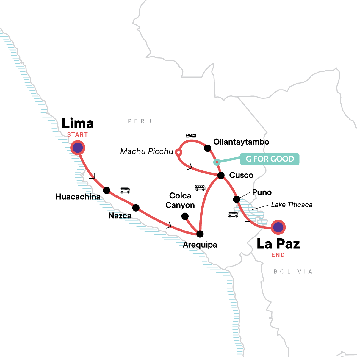 Map of Lima to La Paz: Sandboarding & Sunsets