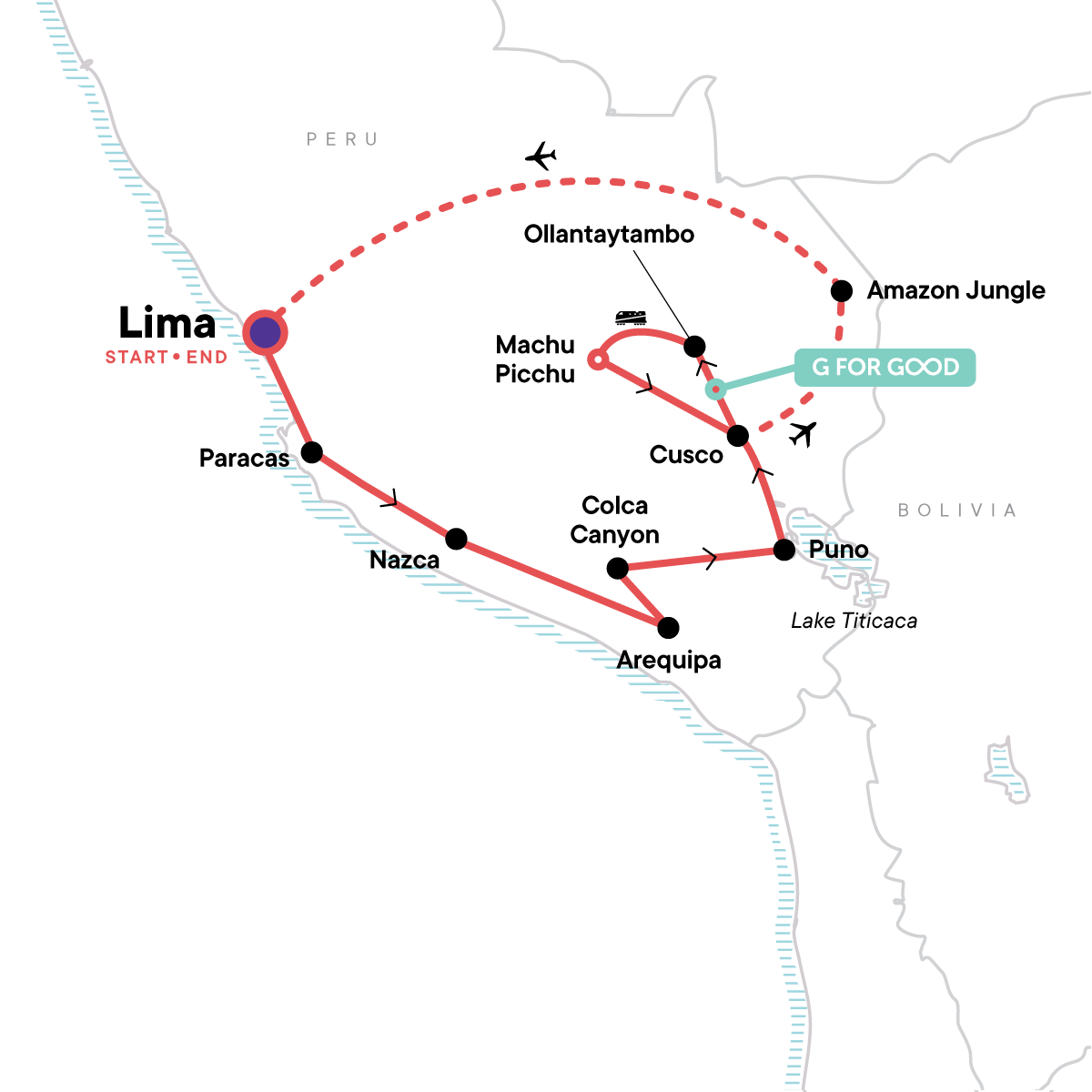 Map of Absolute Peru - Machu Picchu by Train from G Adventures