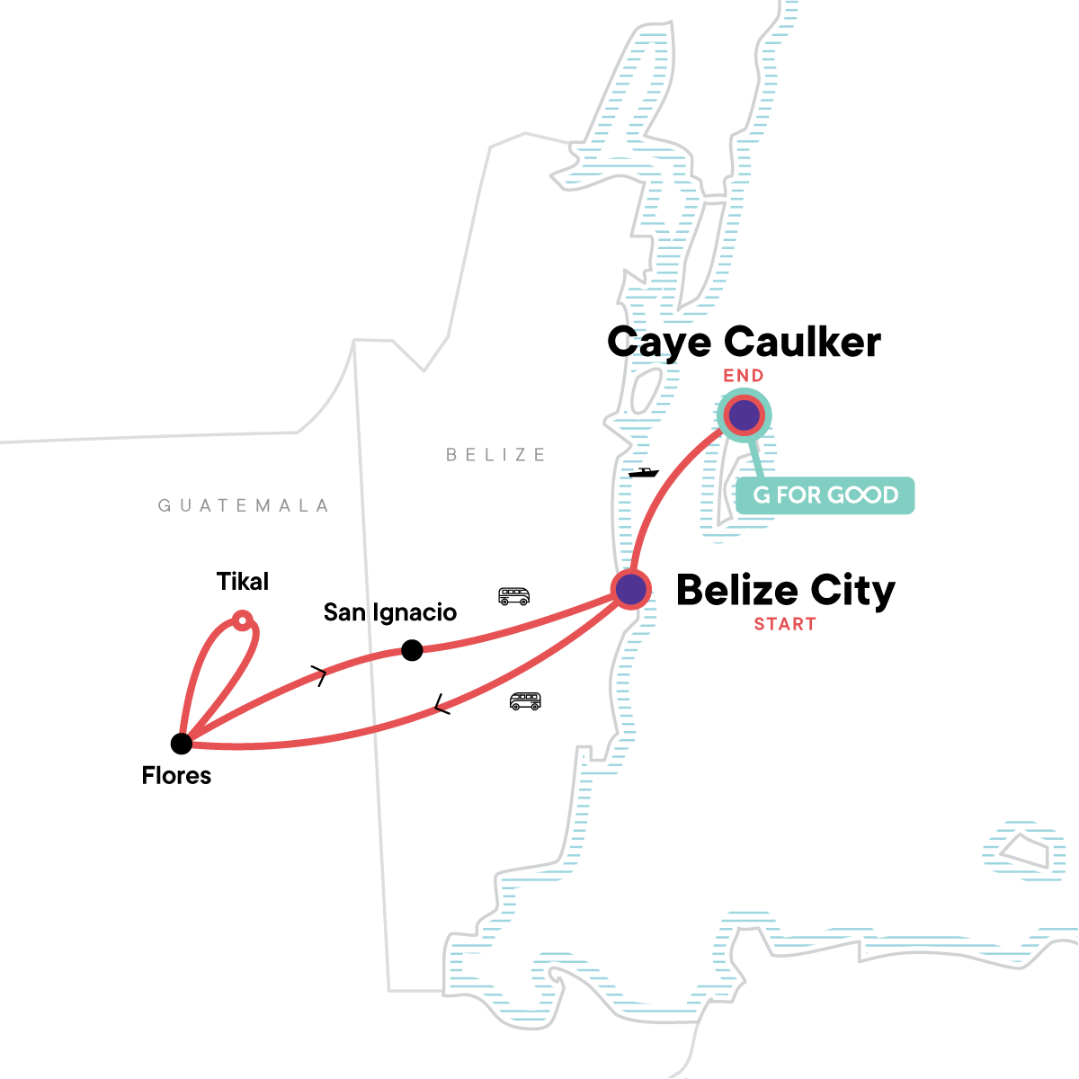 Tour Map tourhub | G Adventures | Classic Belize & Tikal | Tour Map