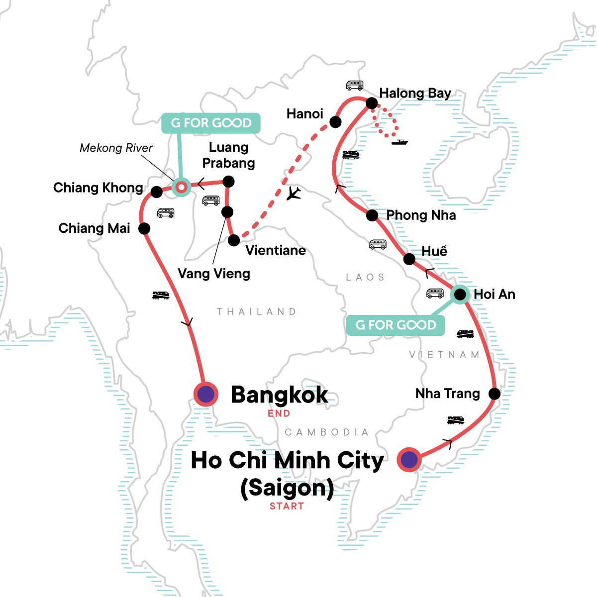 tourhub | G Adventures | Vietnam, Laos & Thailand: Riversides & Railways | Tour Map