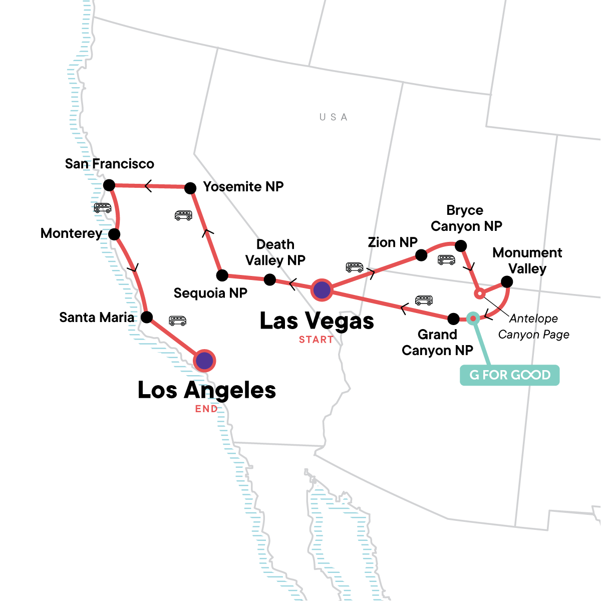 Vegas & California - National Parks & Highway 1 Adventure Itinerary Map