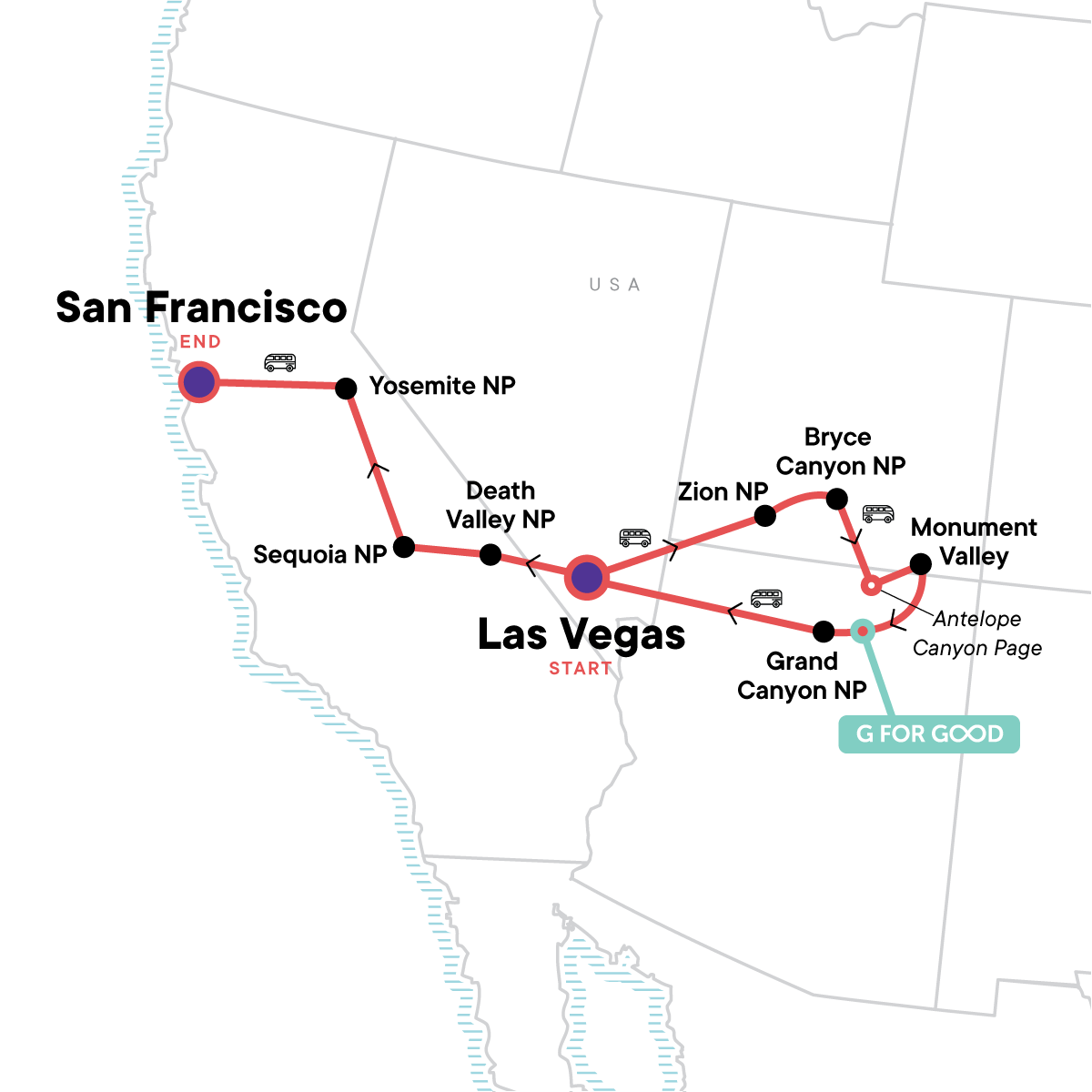 Zion to San Francisco Adventure Itinerary Map