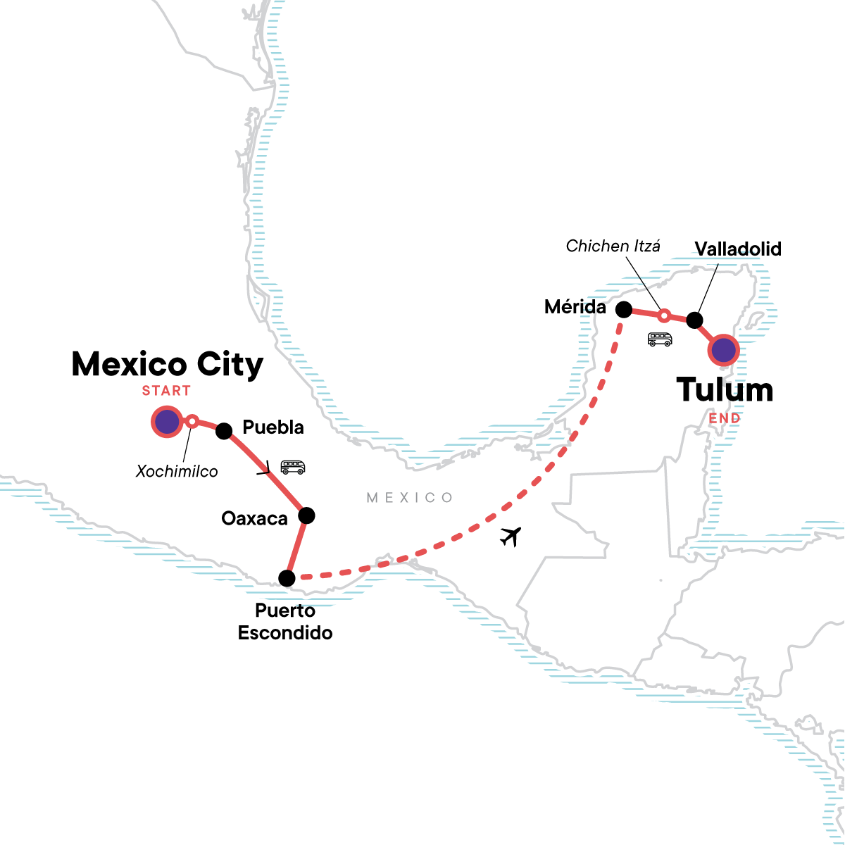 Tour Map tourhub | G Adventures | Central Mexico & Yucatan: Mexico City, Oaxaca, Oh Yeah | Tour Map