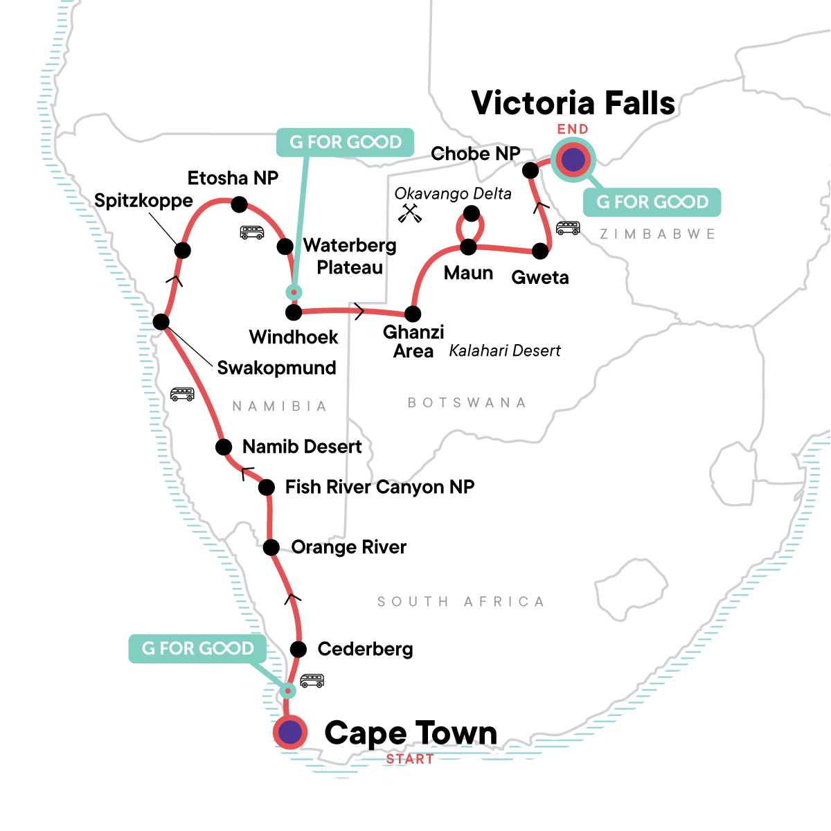 tourhub | G Adventures | Southern Africa Northbound: Dunes, Deltas & Falls | Tour Map