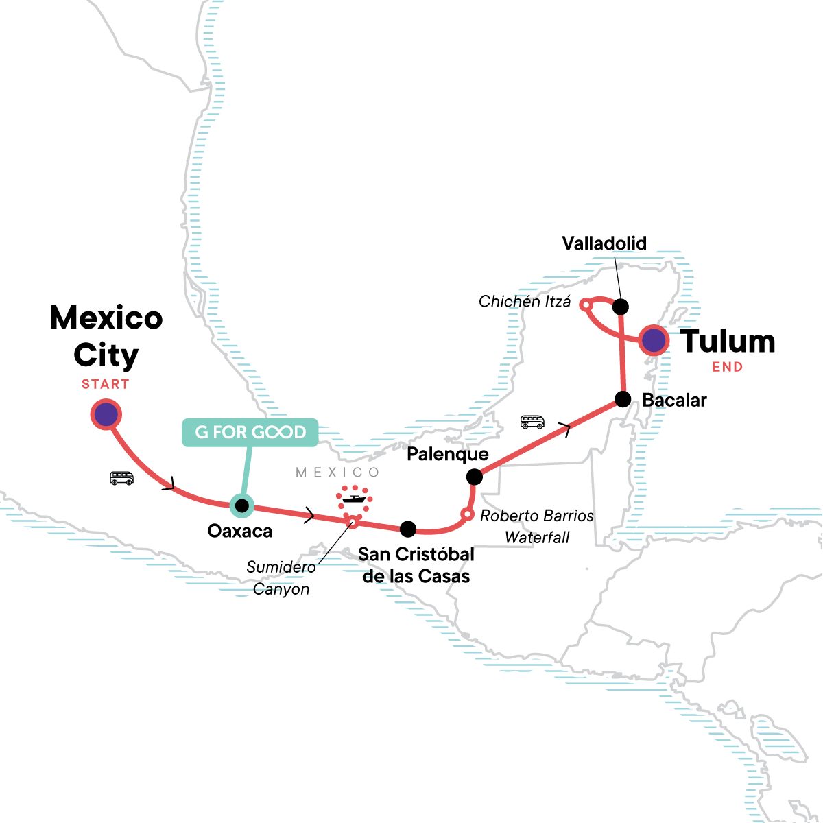 Tour Map tourhub | G Adventures | Viva Mexico: Ancient Ruins & the Mayan Riviera | Tour Map