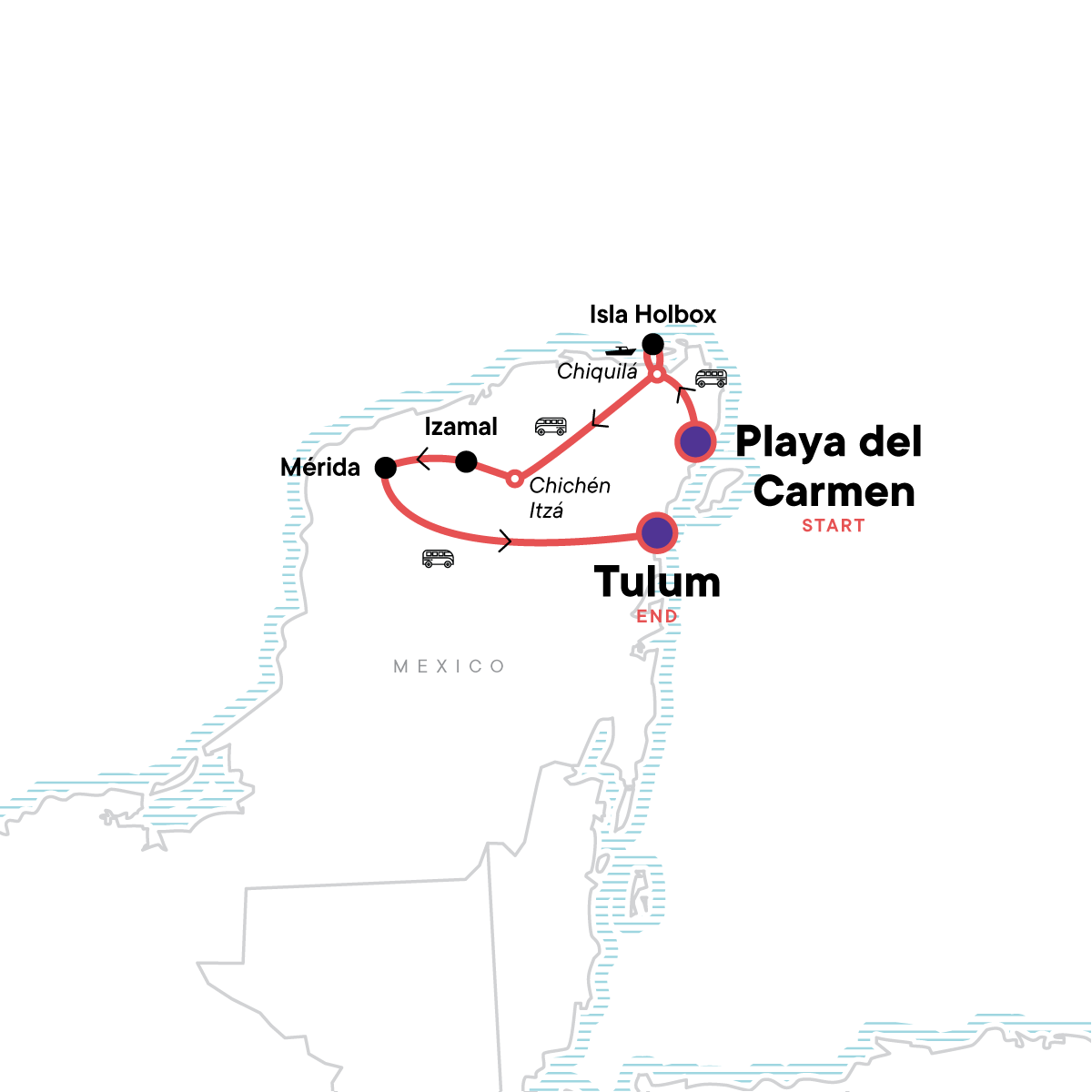 Tour Map tourhub | G Adventures | Highlights of the Yucatan | Tour Map