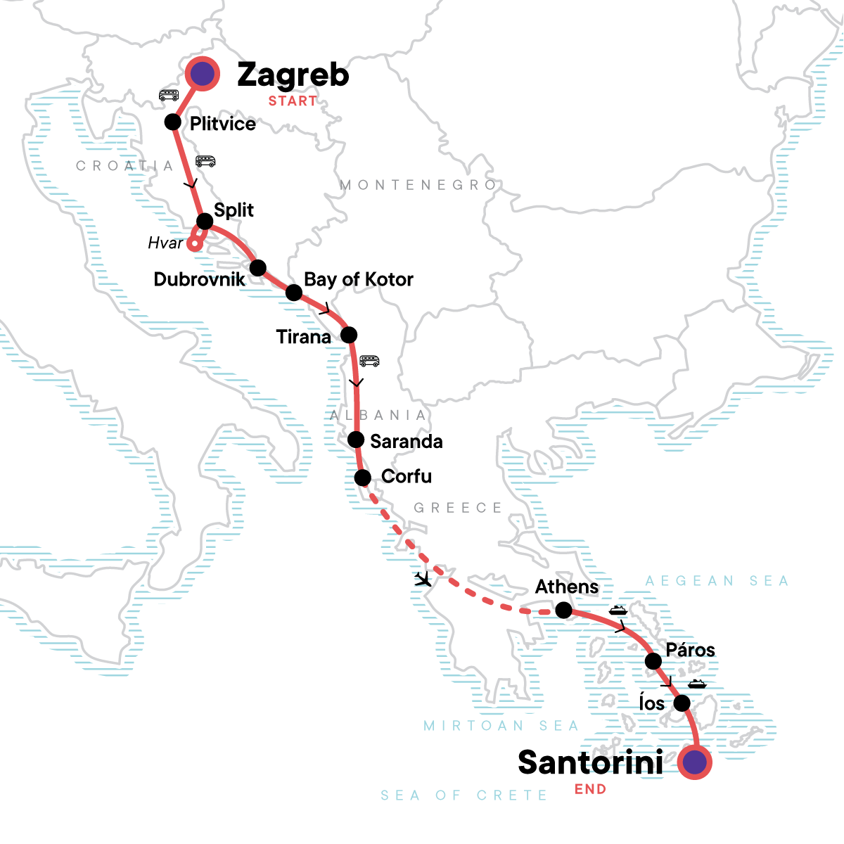 tourhub | G Adventures | Croatia to the Greek Islands: Zagreb Nights & Santorini Views | Tour Map