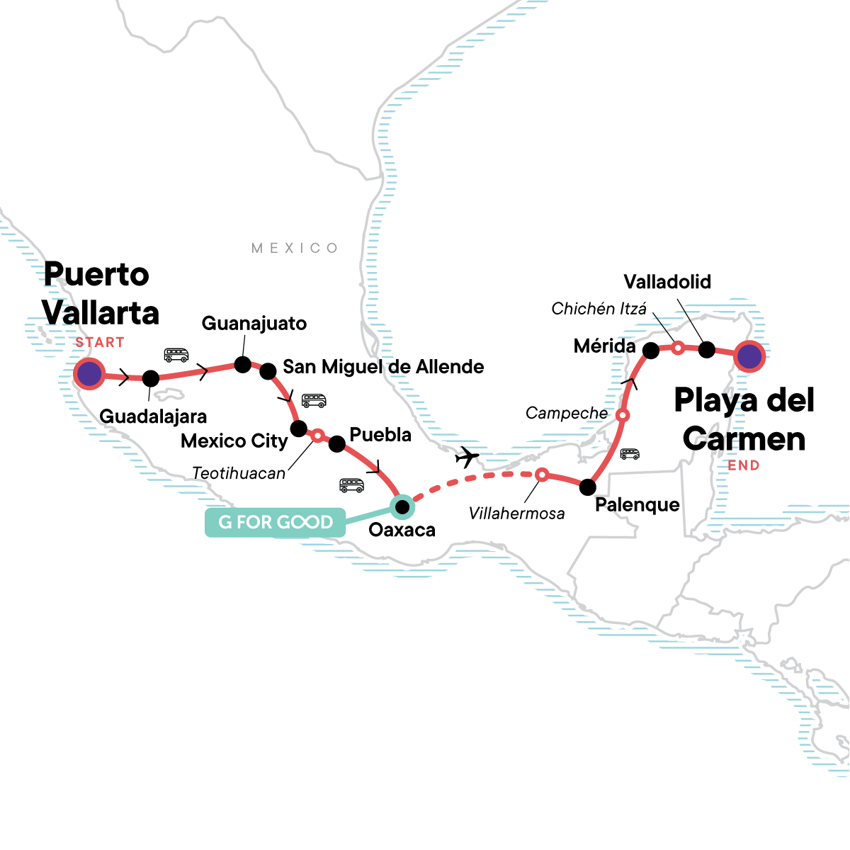 Tour Map tourhub | G Adventures | Mexico Coast-to-Coast: Puerto Vallarta to the Mayan Riviera | Tour Map