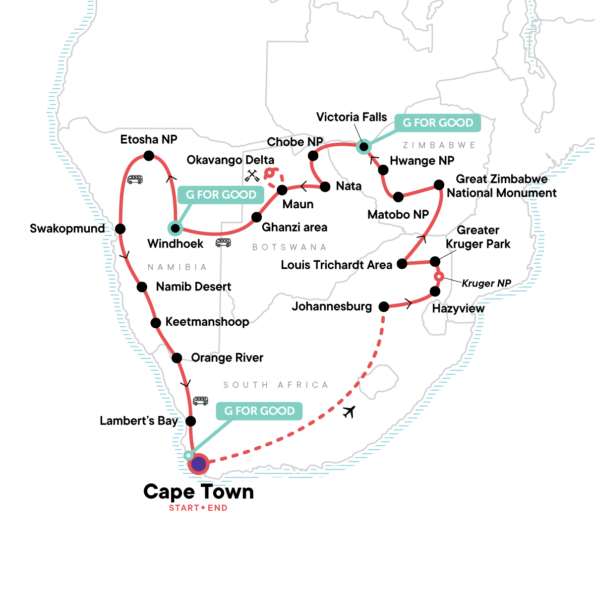 tourhub | G Adventures | Highlights of Southern Africa | Tour Map