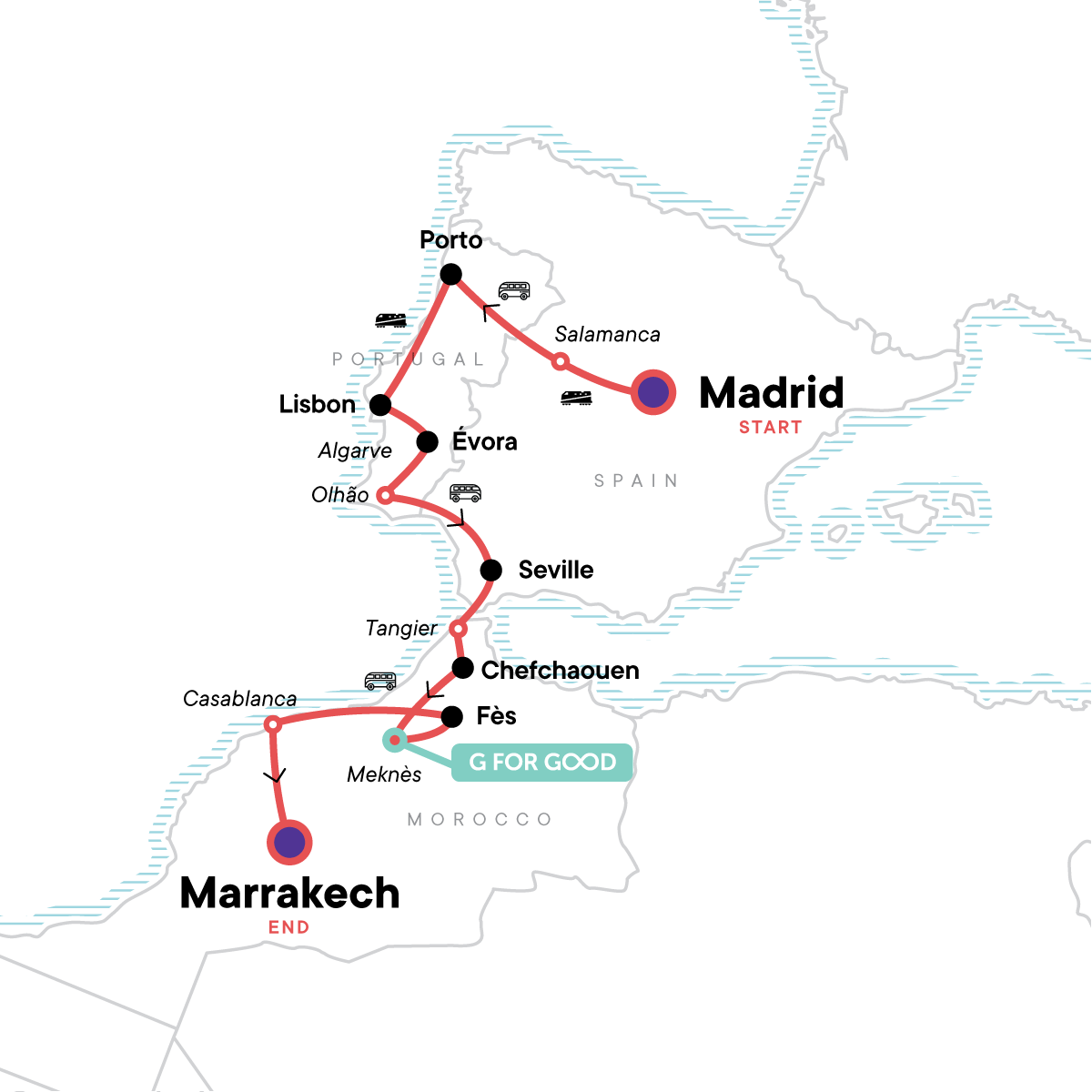 Tour Map tourhub | G Adventures | Spain, Portugal, and Morocco Adventure | Tour Map