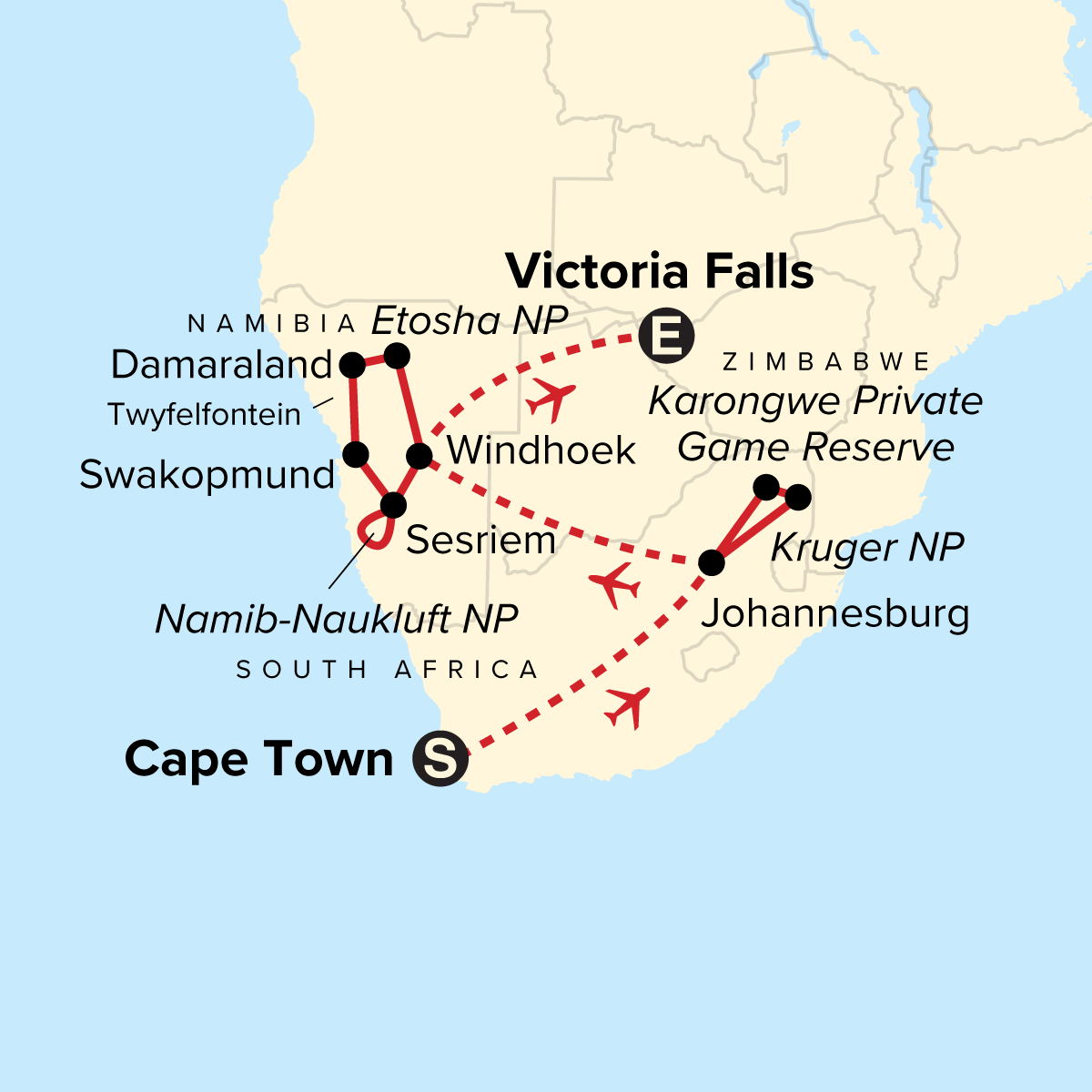 tourhub | G Adventures | Southern Africa Highlights | Tour Map