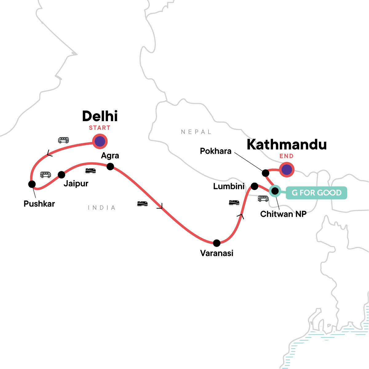 tourhub | G Adventures | Delhi to Kathmandu: River Walks & Epic Wildlife | Tour Map