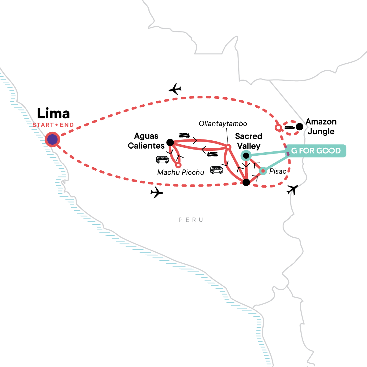 Map of Peru: Lima, The Inca Trail & The Amazon - Machu Picchu by Train from G Adventures