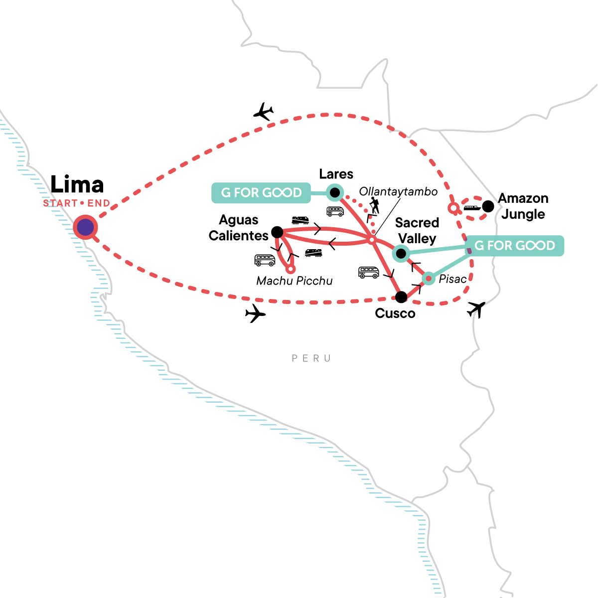 Map of Peru: Lima, The Inca Trail & The Amazon - Lares Trek from G Adventures