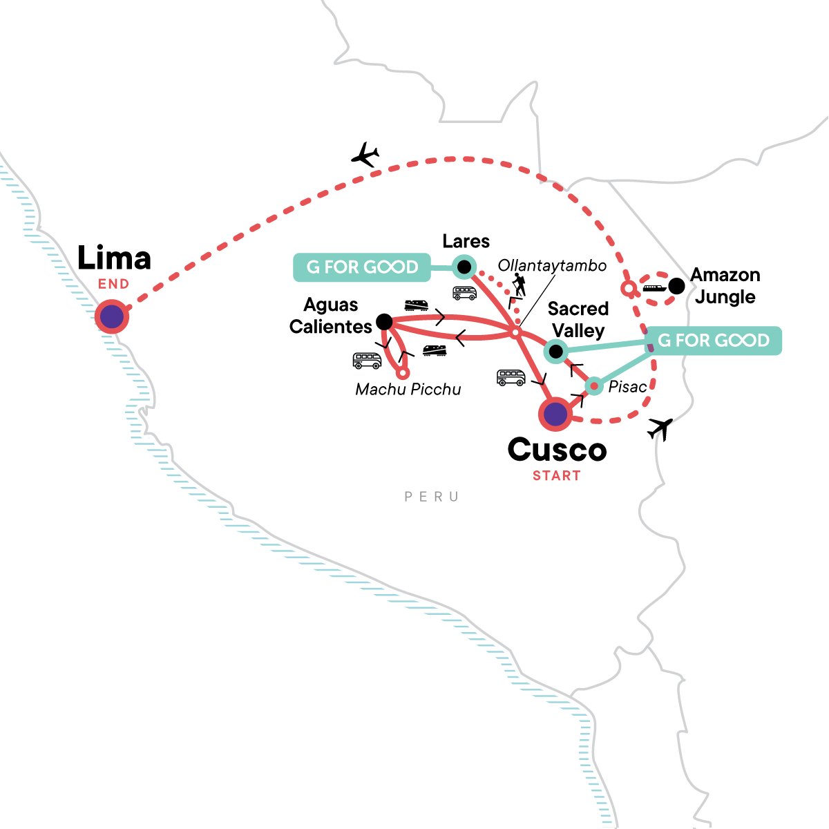 Map of Peru: Inca Trail & The Amazon - Lares Trek from G Adventures