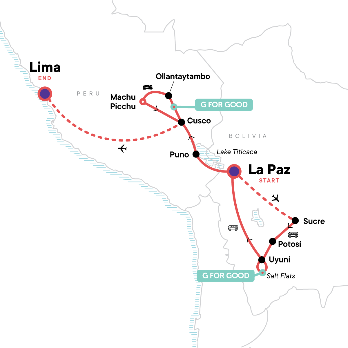 Map of Bolivia to Peru: Lakes, Salt Flats & Machu Picchu