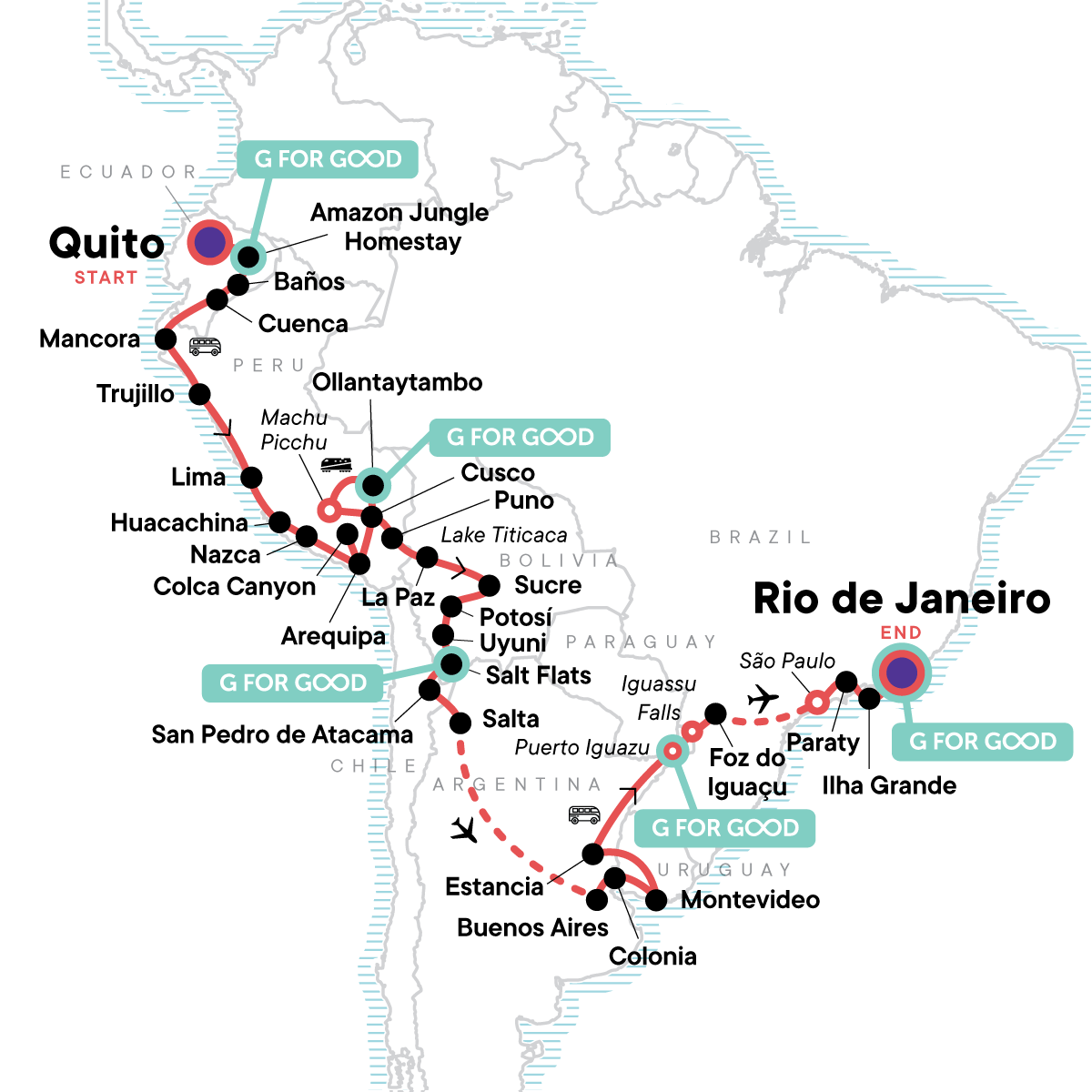 Map of The Great South American Journey: Quito To Rio Adventure - Machu Picchu by Train from G Adventures