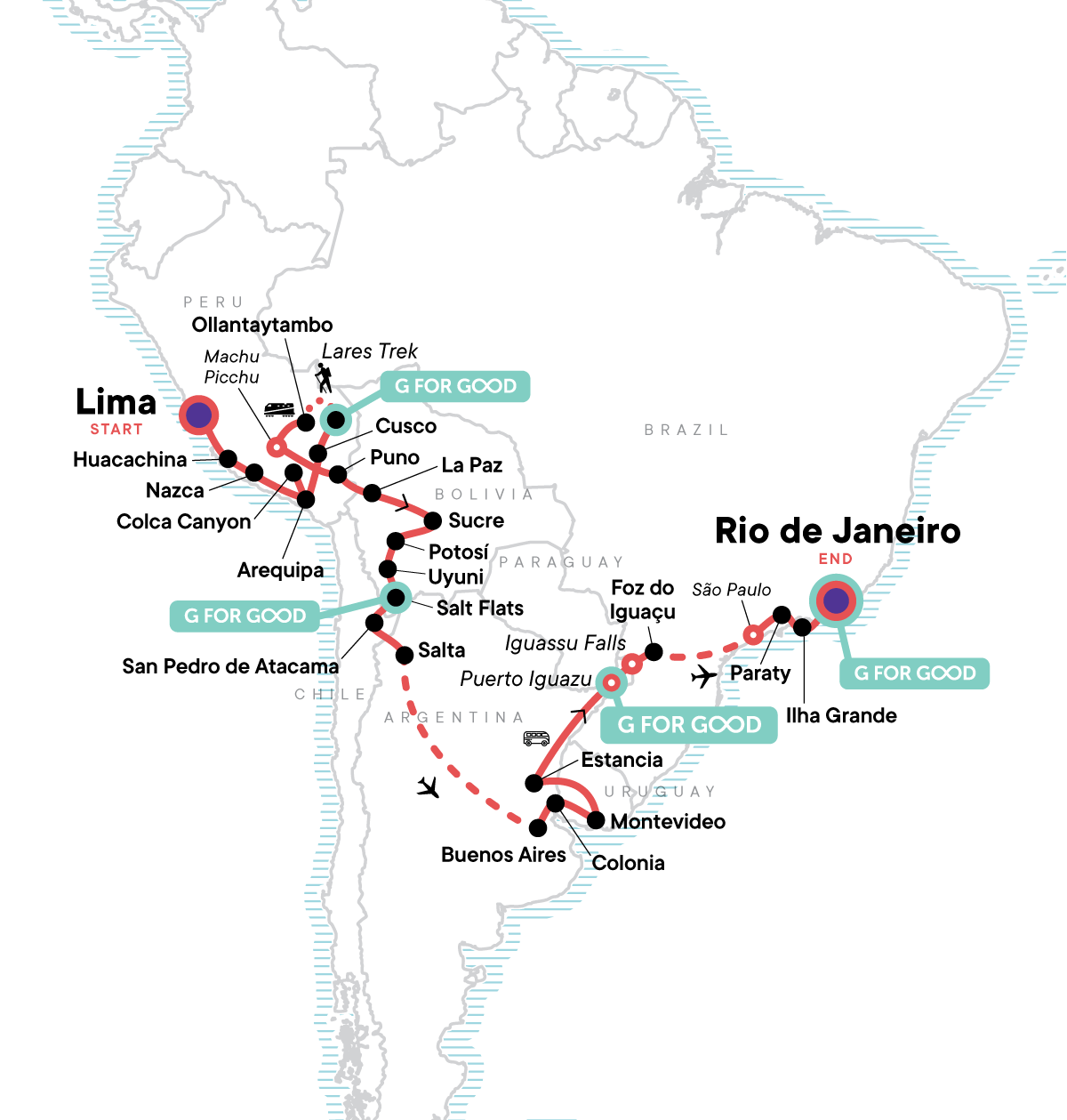 Map of Lima To Rio: Coast To Coast - Lares Trek from G Adventures