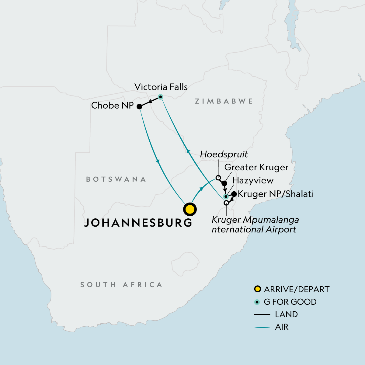 Map of Signature: Southern Africa's Kruger, Chobe & Victoria Falls from G Adventures