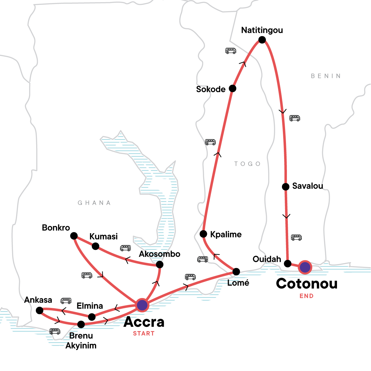 West African Adventure: Highlights of Ghana, Togo & Benin Itinerary Map