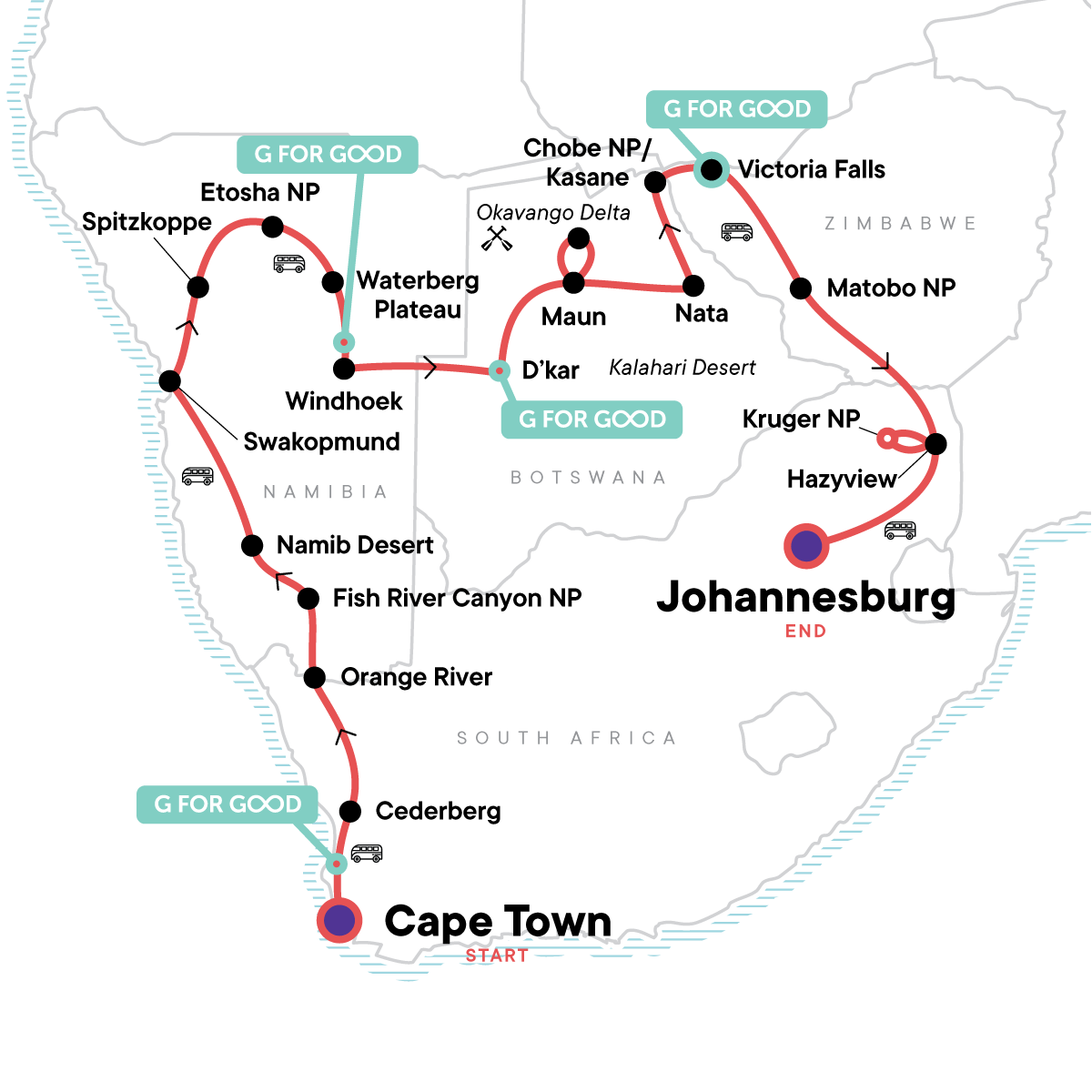 Map of Cape Town To Johannesburg Overland Safari & Participation Camping from G Adventures