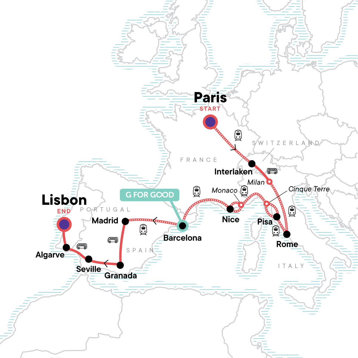 Map of Paris To The Mediterranean: Coasts & Cafes from G Adventures