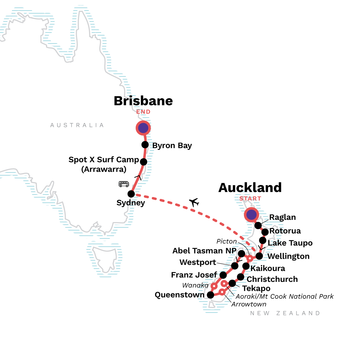 Map of Australia And New Zealand: Surf, Sun & Epic Parks from G Adventures