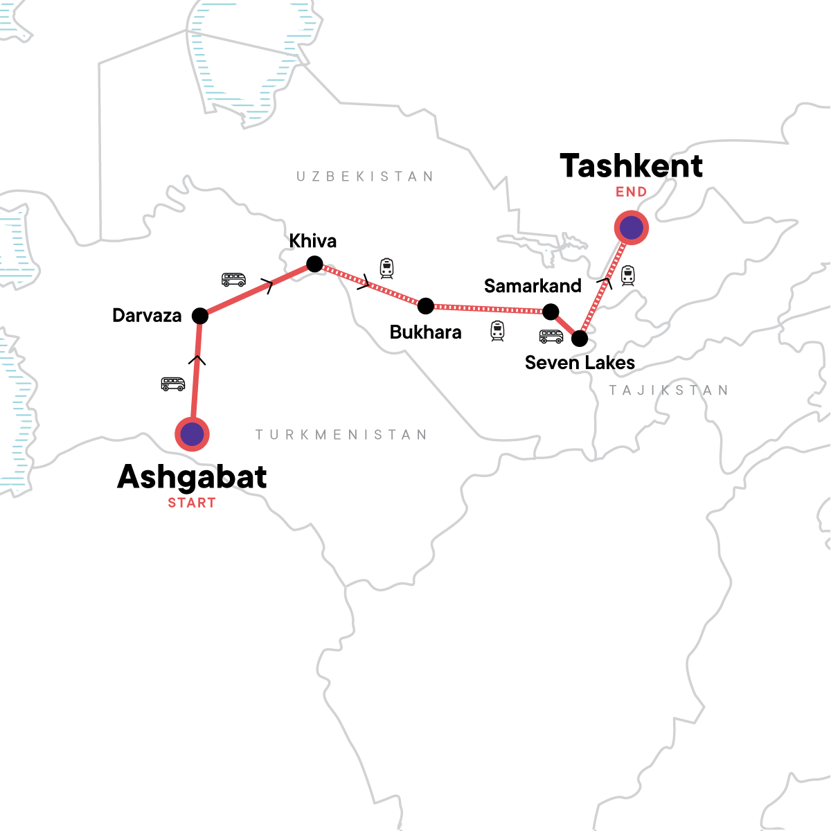 Map of Silk Road Wonders: Turkmenistan, Uzbekistan & Tajikistan from G Adventures